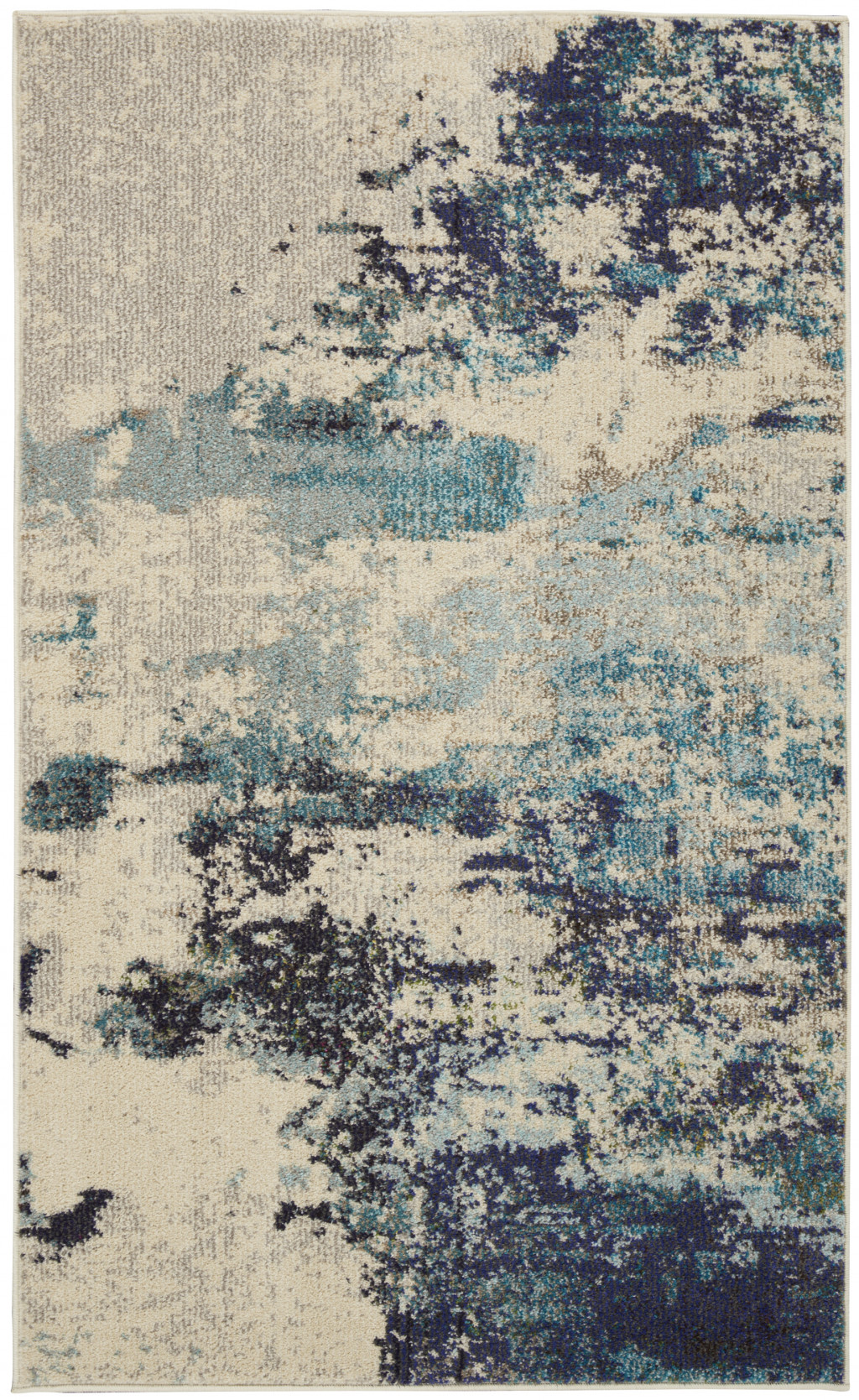 3" X 5" Ivory And Teal Blue Abstract Power Loom Non Skid Area Rug