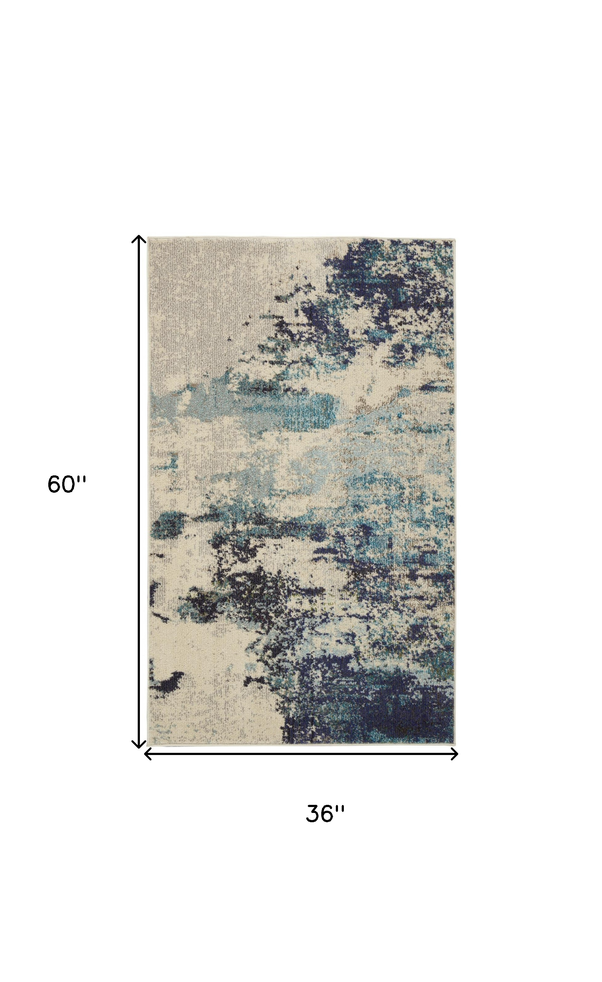 3" X 5" Ivory And Teal Blue Abstract Power Loom Non Skid Area Rug