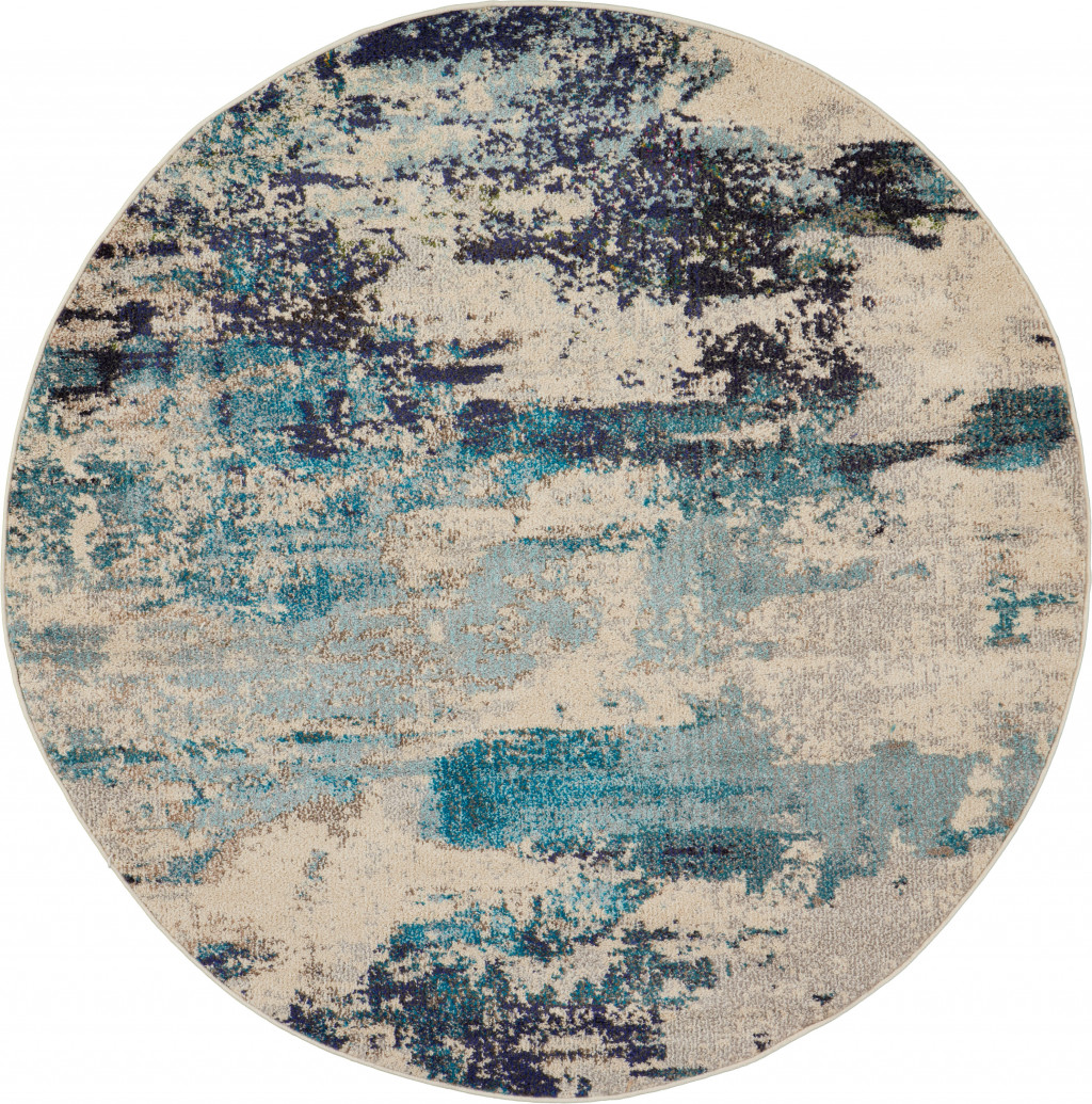 4 X 4 Ivory And Teal Blue Round Abstract Power Loom Non Skid Area Rug