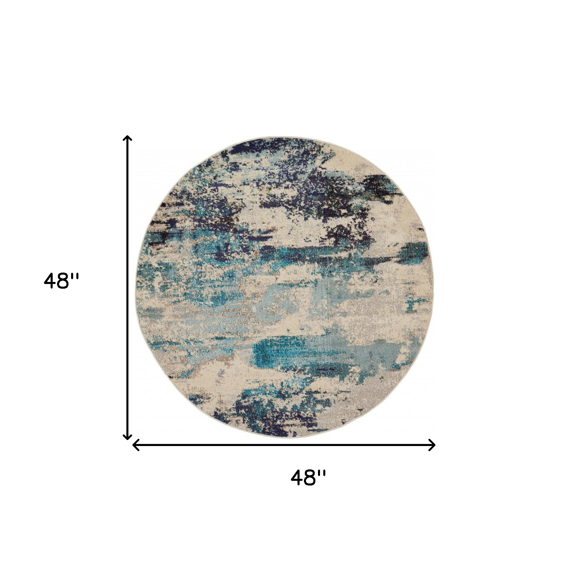 4" X 4" Ivory And Teal Blue Round Abstract Power Loom Non Skid Area Rug