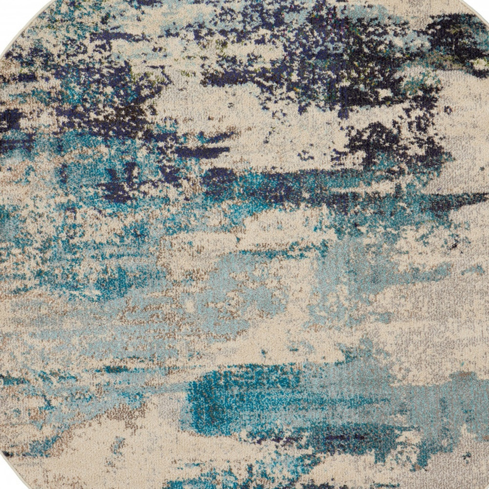 4 X 4 Ivory And Teal Blue Round Abstract Power Loom Non Skid Area Rug