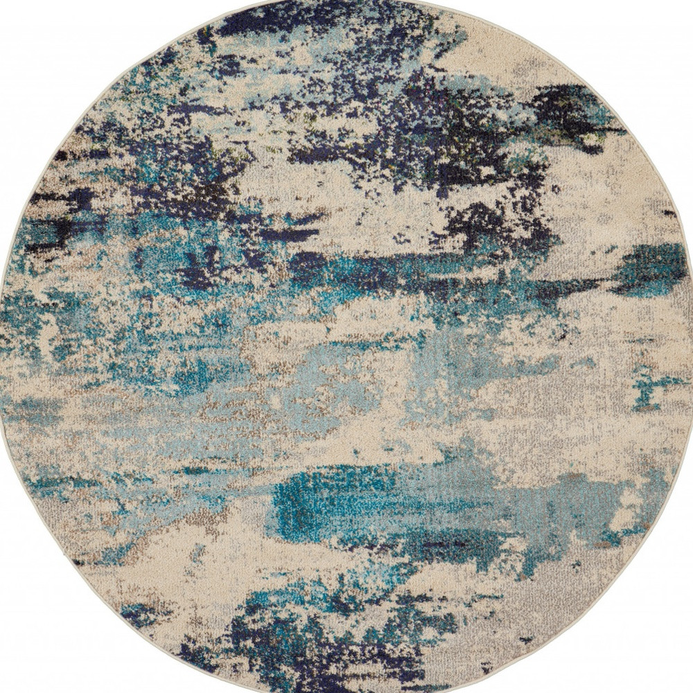 4" X 4" Ivory And Teal Blue Round Abstract Power Loom Non Skid Area Rug