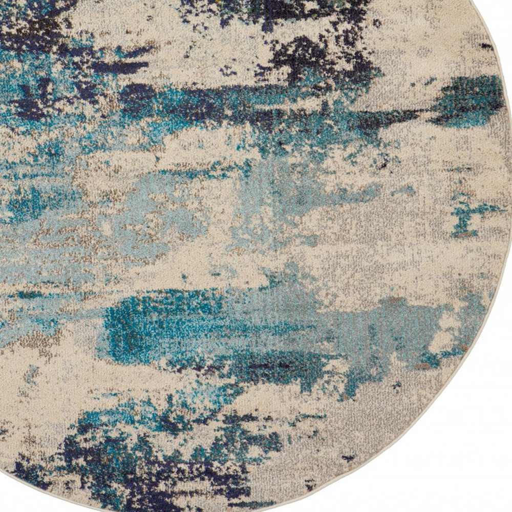 5" X 5" Ivory And Teal Blue Round Abstract Power Loom Non Skid Area Rug
