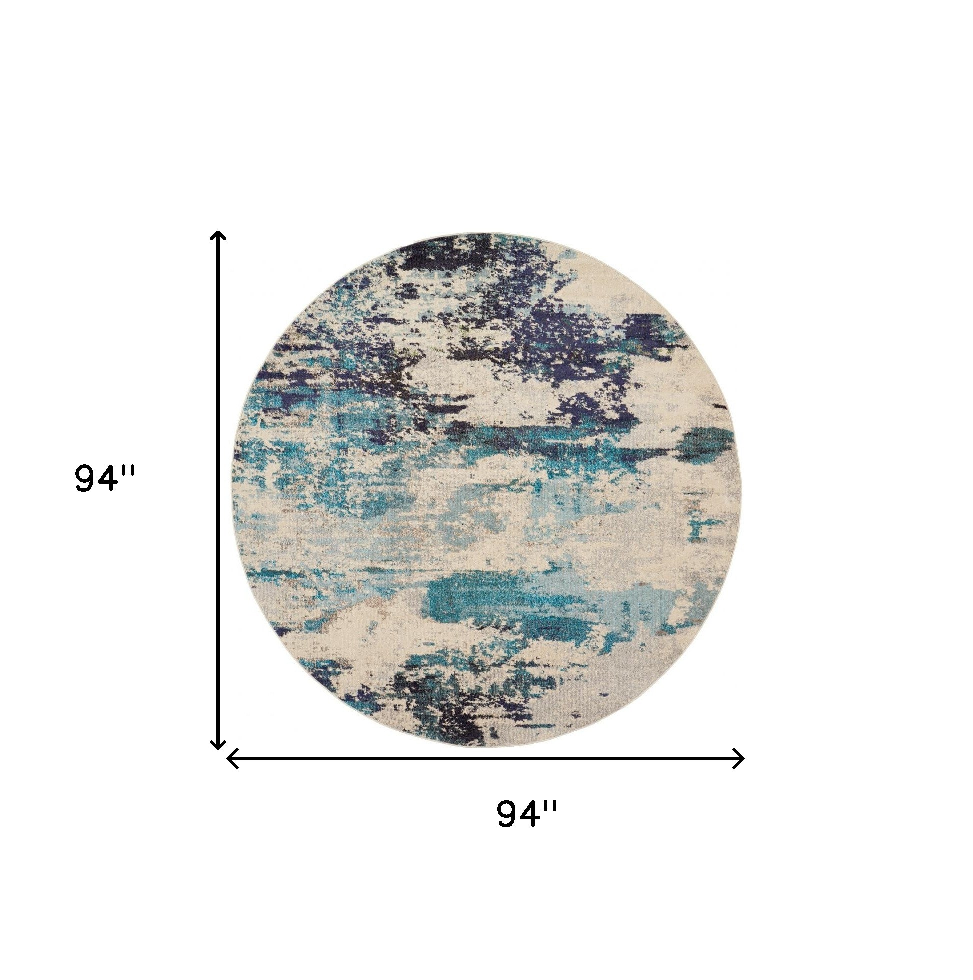8" X 8" Ivory And Teal Blue Round Abstract Power Loom Non Skid Area Rug