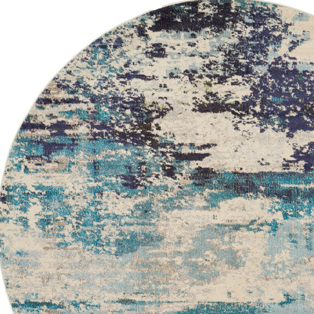 8" X 8" Ivory And Teal Blue Round Abstract Power Loom Non Skid Area Rug