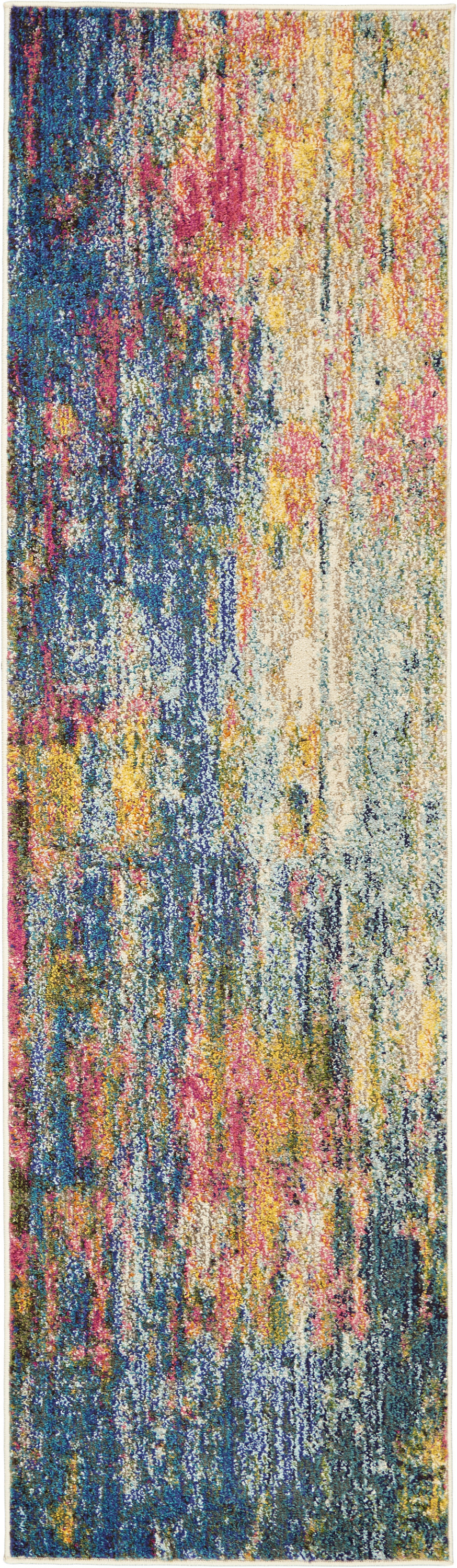 2" X 8" Blue And Yellow Abstract Power Loom Non Skid Runner Rug