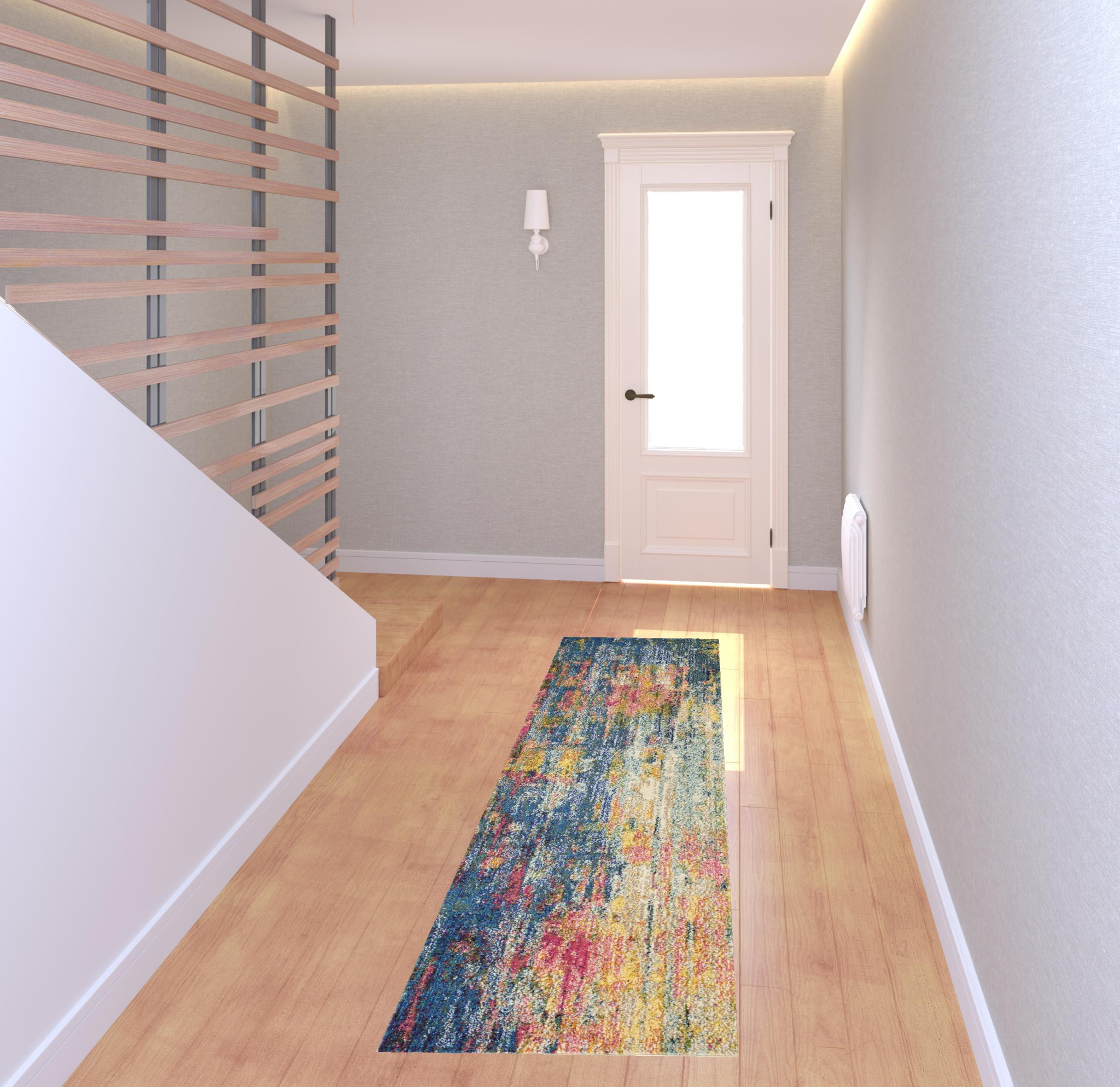 2" X 8" Blue And Yellow Abstract Power Loom Non Skid Runner Rug