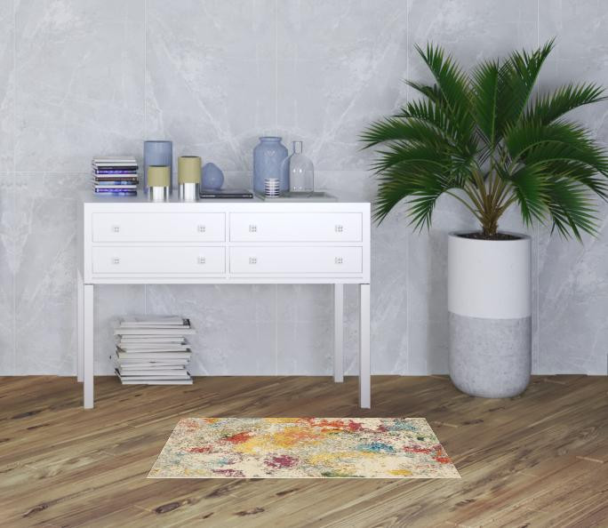 2" X 4" Ivory Abstract Power Loom Non Skid Area Rug