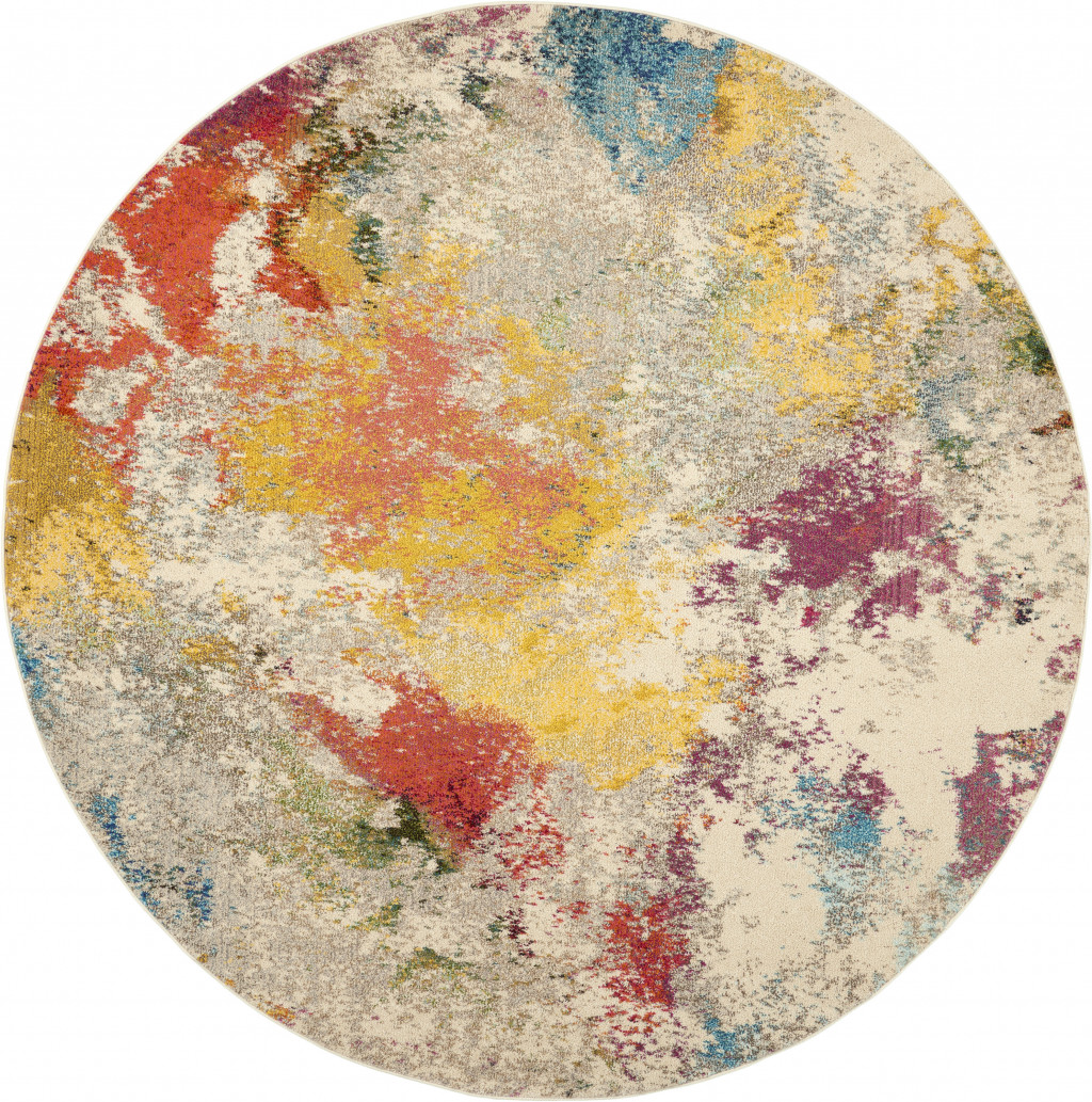 8 X 8 Ivory Round Abstract Power Loom Non Skid Area Rug