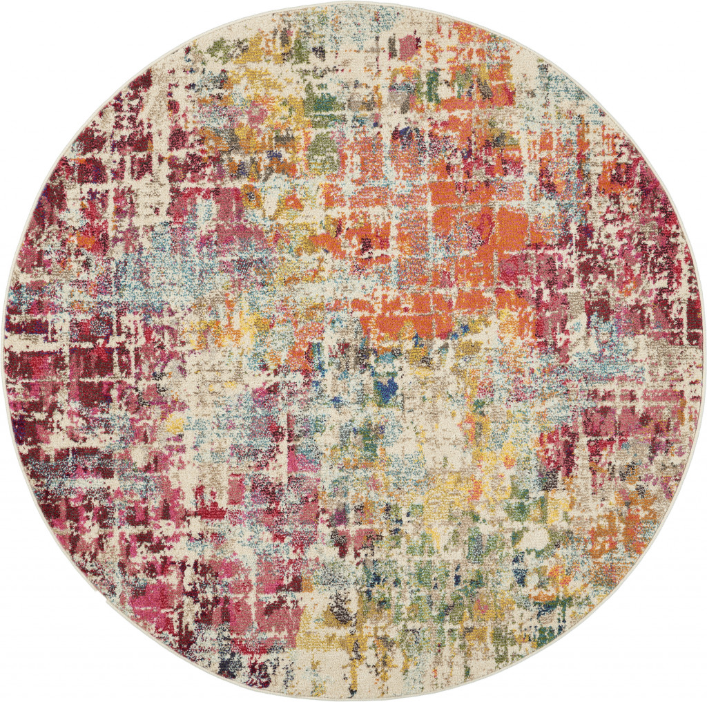 5" X 5" Pink Round Abstract Power Loom Distressed Non Skid Area Rug