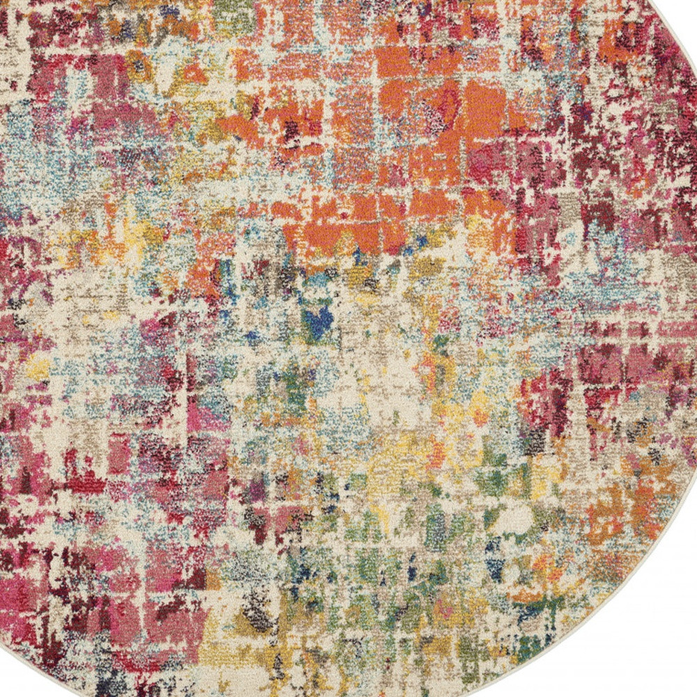5" X 5" Pink Round Abstract Power Loom Distressed Non Skid Area Rug