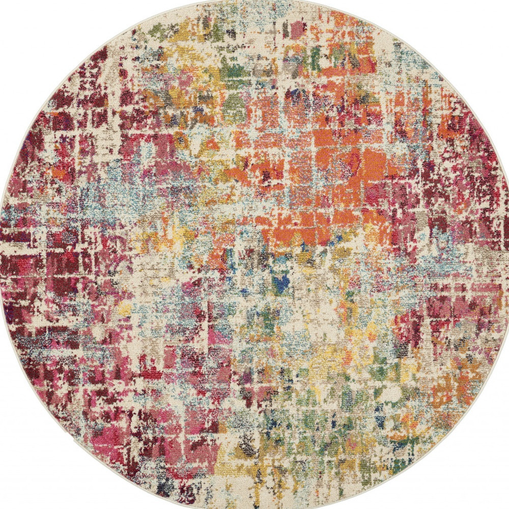 5" X 5" Pink Round Abstract Power Loom Distressed Non Skid Area Rug
