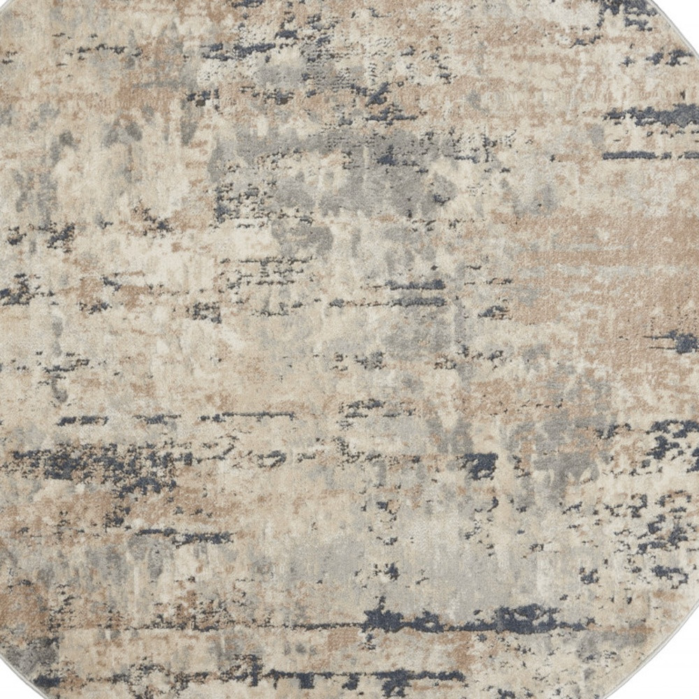 5 X 5 Beige And grey Round Abstract Power Loom Non Skid Area Rug