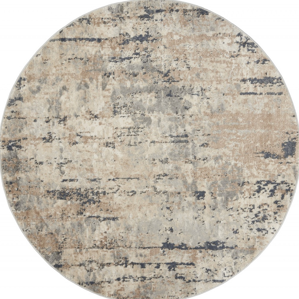 5" X 5" Beige And Grey Round Abstract Power Loom Non Skid Area Rug
