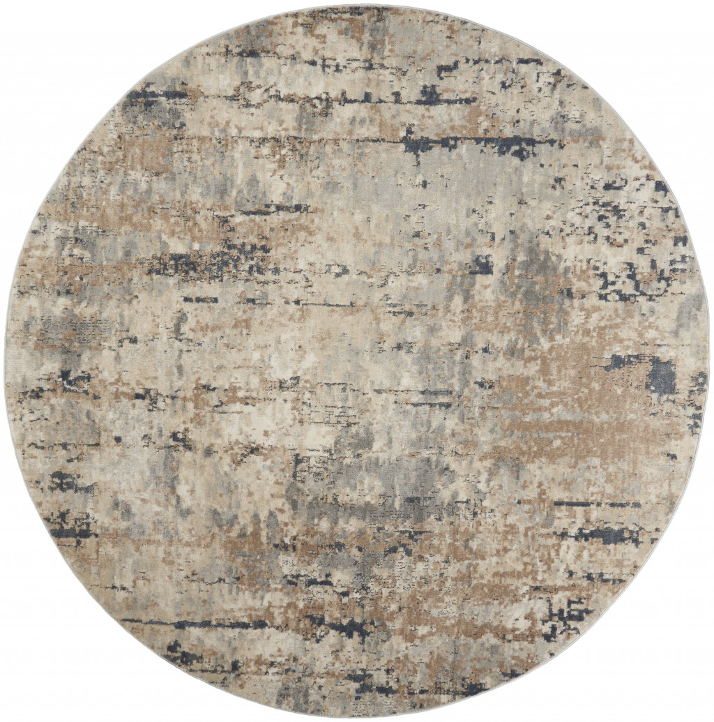 8" X 8" Beige And Grey Round Abstract Power Loom Non Skid Area Rug