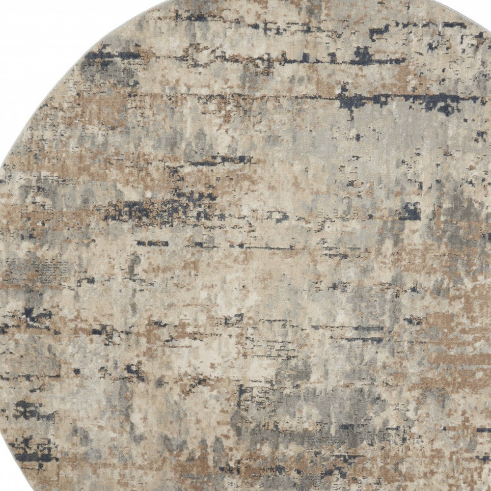 8" X 8" Beige And Grey Round Abstract Power Loom Non Skid Area Rug