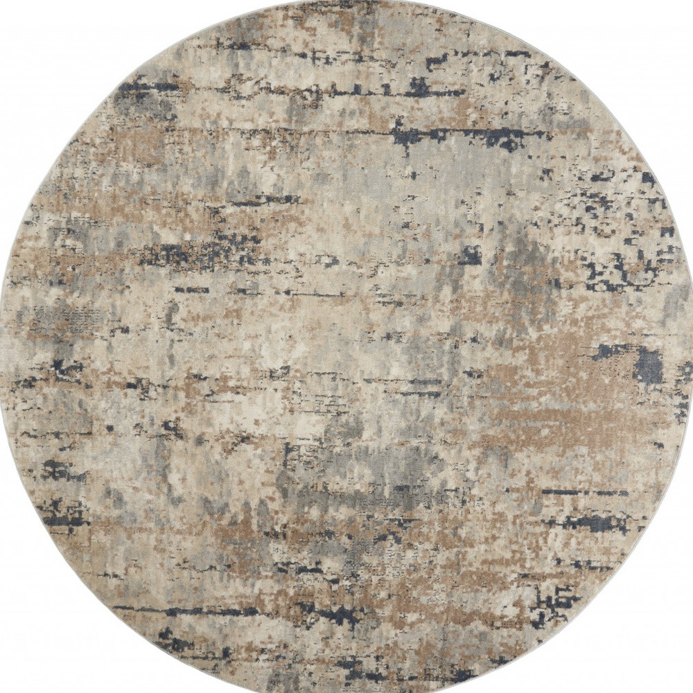 8" X 8" Beige And Grey Round Abstract Power Loom Non Skid Area Rug