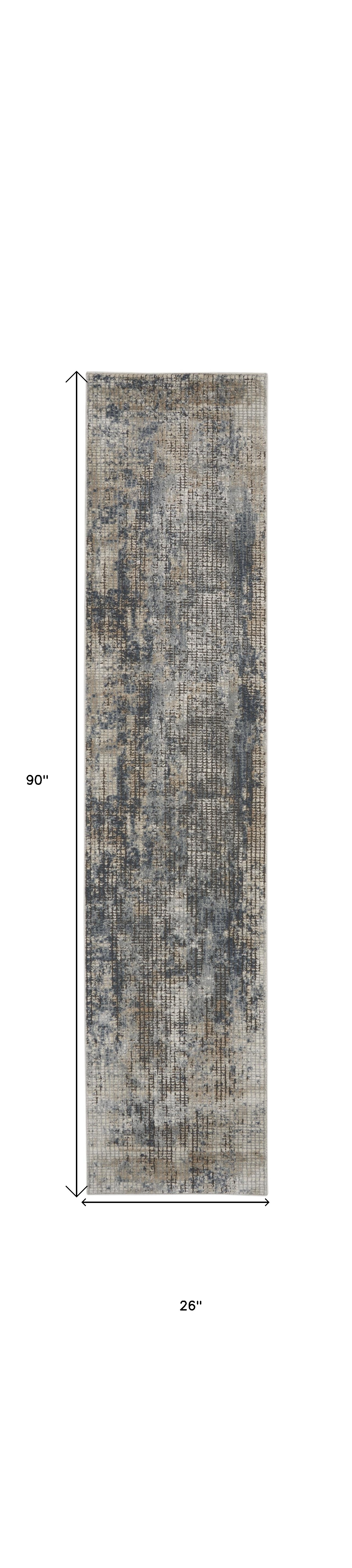 2" X 8" Blue And Beige Abstract Power Loom Distressed Non Skid Runner Rug