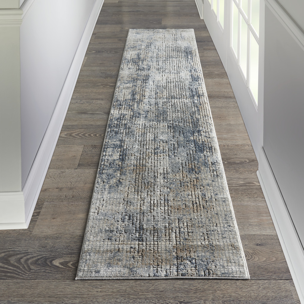 2" X 8" Blue And Beige Abstract Power Loom Distressed Non Skid Runner Rug