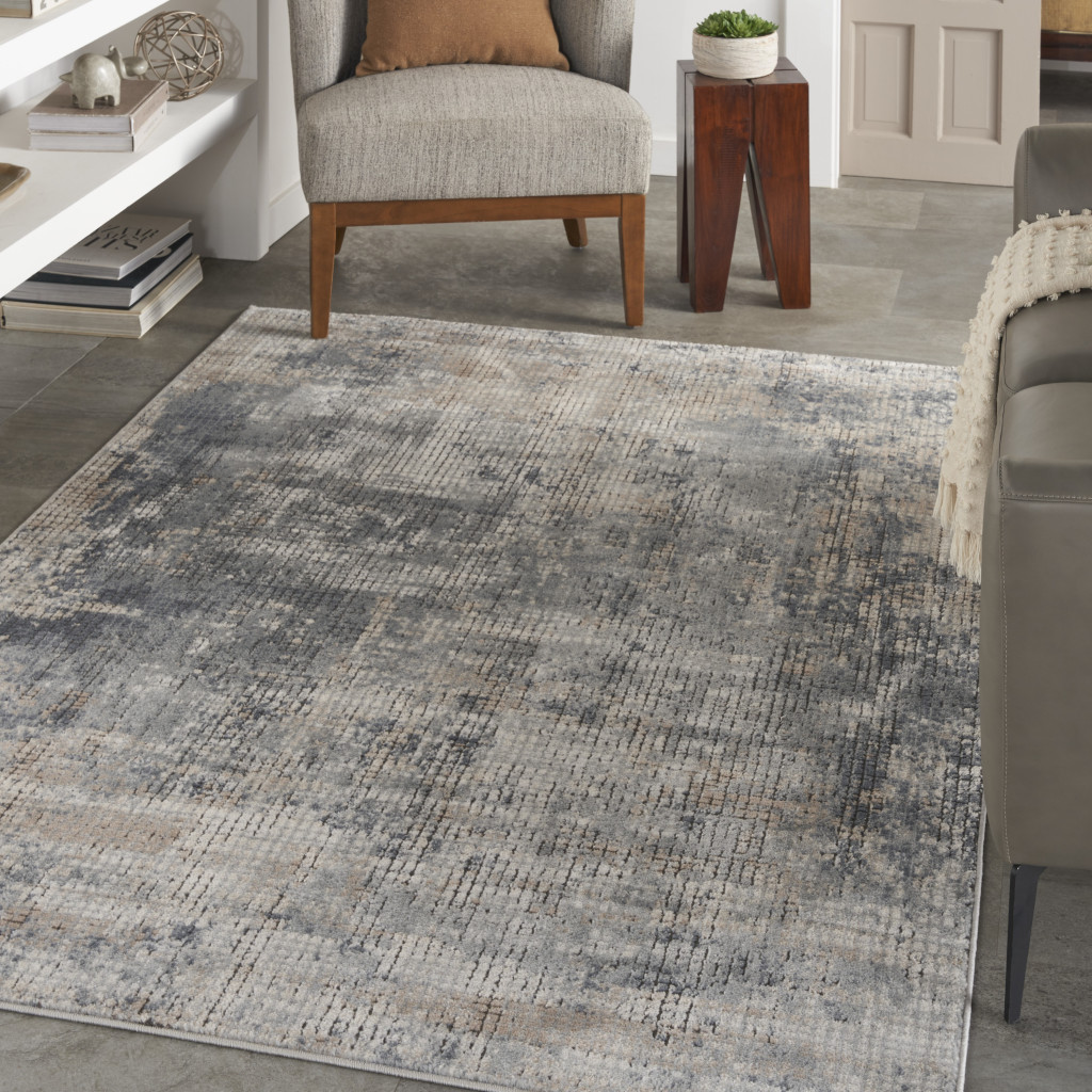 5" X 7" Blue And Beige Abstract Power Loom Distressed Non Skid Area Rug