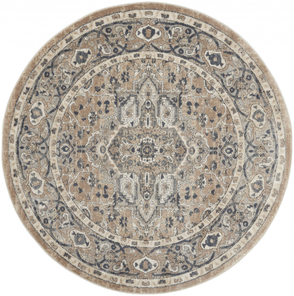 4" X 4" Beige And Grey Round Oriental Power Loom Non Skid Area Rug