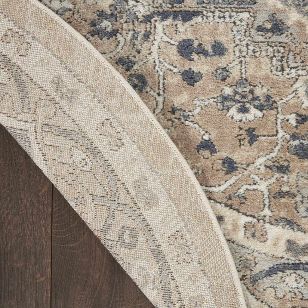 4" X 4" Beige And Grey Round Oriental Power Loom Non Skid Area Rug