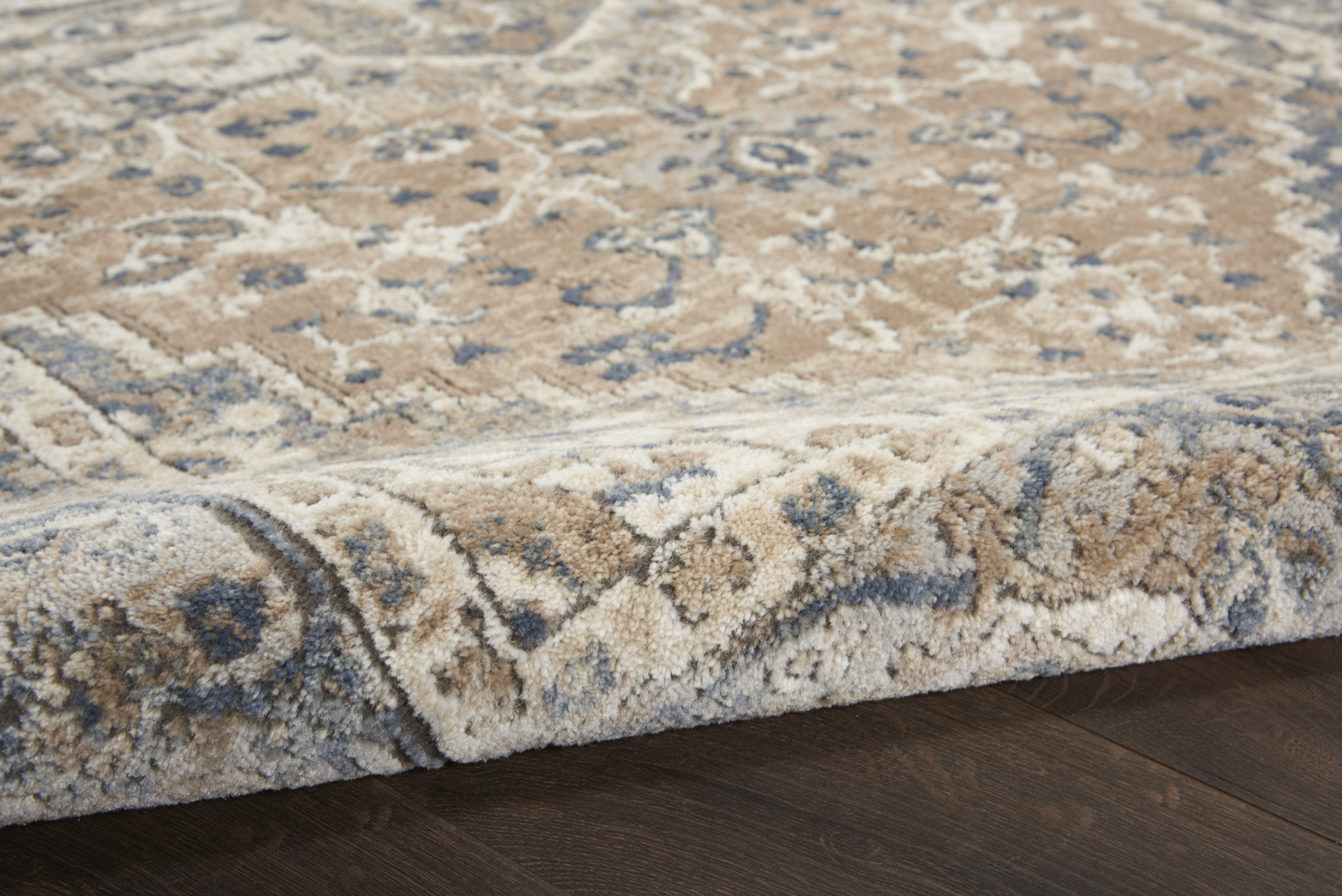 4" X 4" Beige And Grey Round Oriental Power Loom Non Skid Area Rug