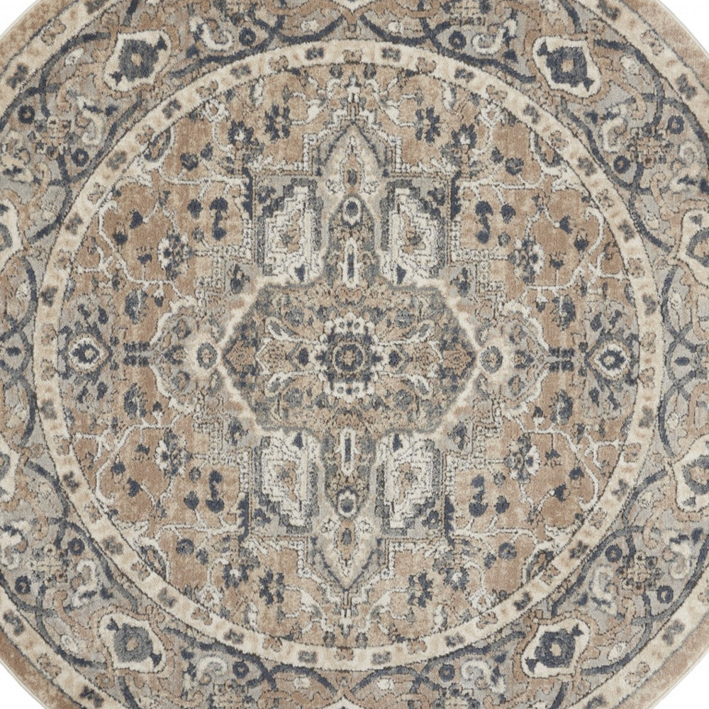 4" X 4" Beige And Grey Round Oriental Power Loom Non Skid Area Rug