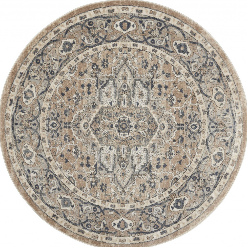 4" X 4" Beige And Grey Round Oriental Power Loom Non Skid Area Rug