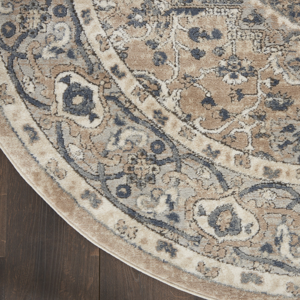 4" X 4" Beige And Grey Round Oriental Power Loom Non Skid Area Rug