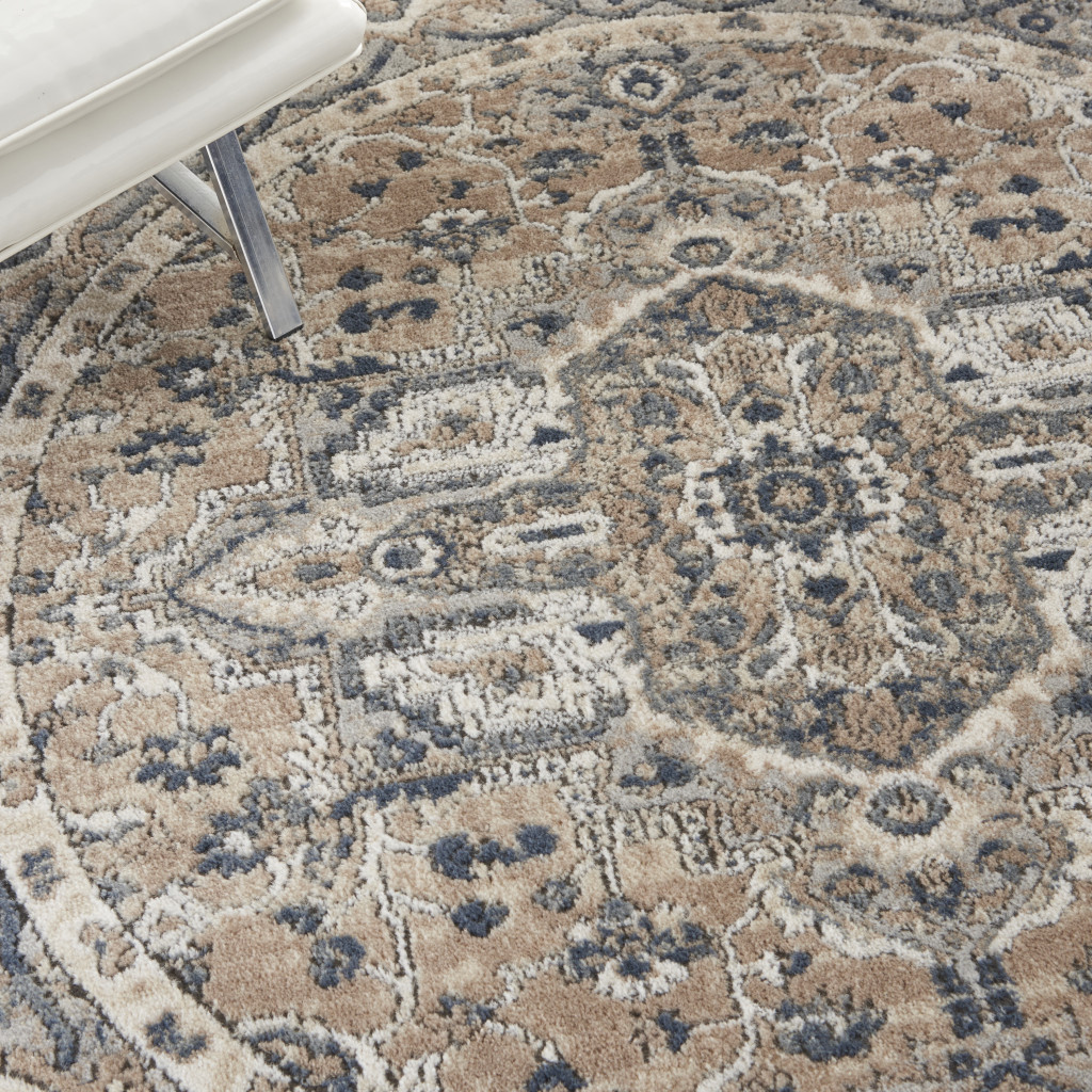 4" X 4" Beige And Grey Round Oriental Power Loom Non Skid Area Rug
