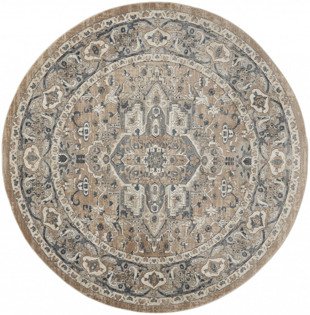 8 X 8 Beige And grey Round Oriental Power Loom Non Skid Area Rug