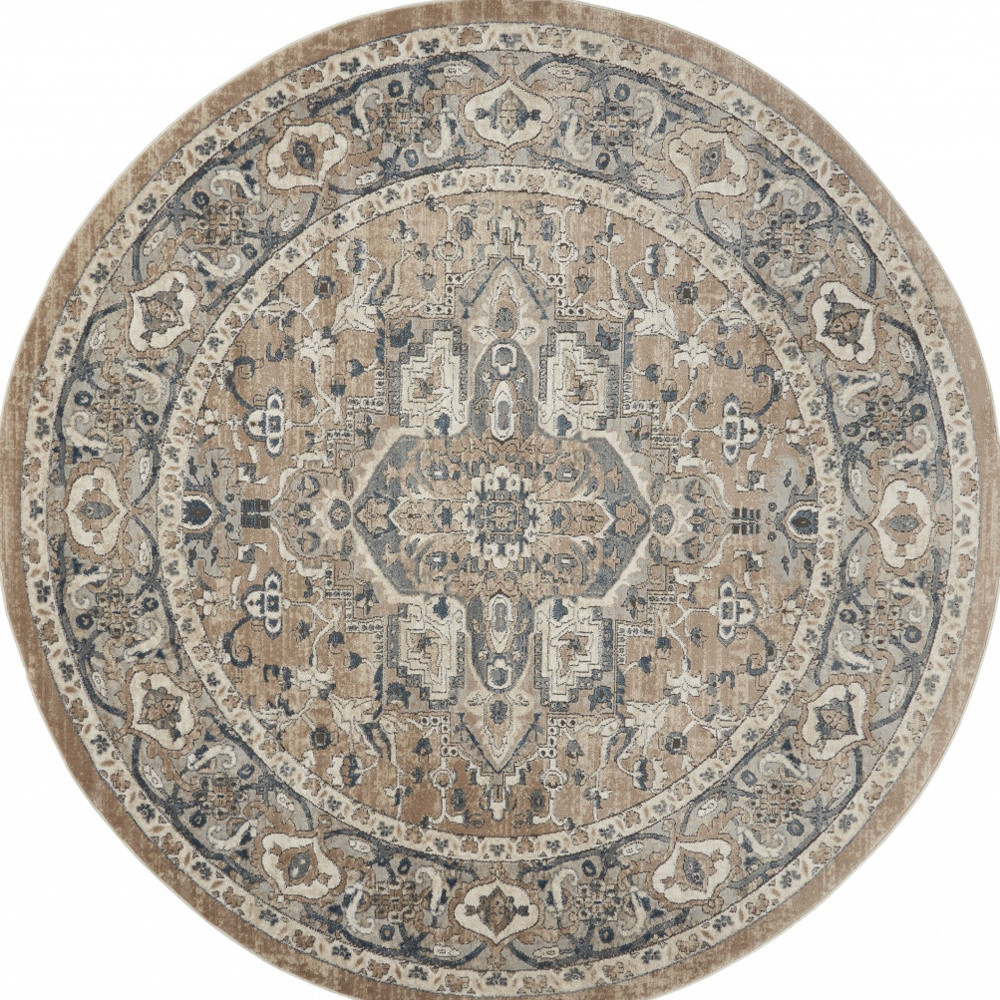 8 X 8 Beige And grey Round Oriental Power Loom Non Skid Area Rug