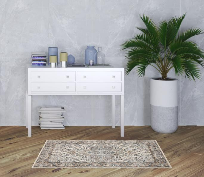 3" X 5" Ivory And Grey Oriental Power Loom Non Skid Area Rug