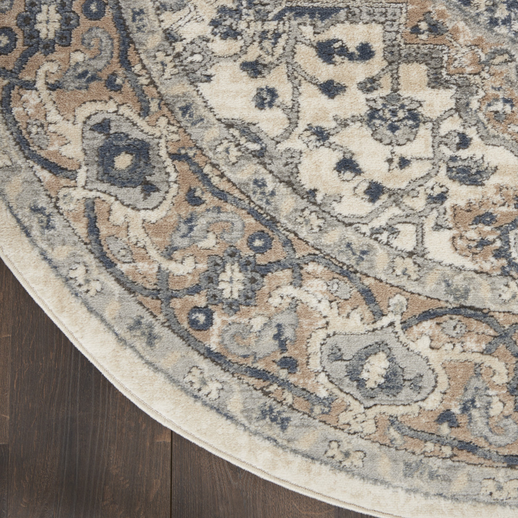 5" X 5" Ivory And Grey Round Oriental Non Skid Area Rug