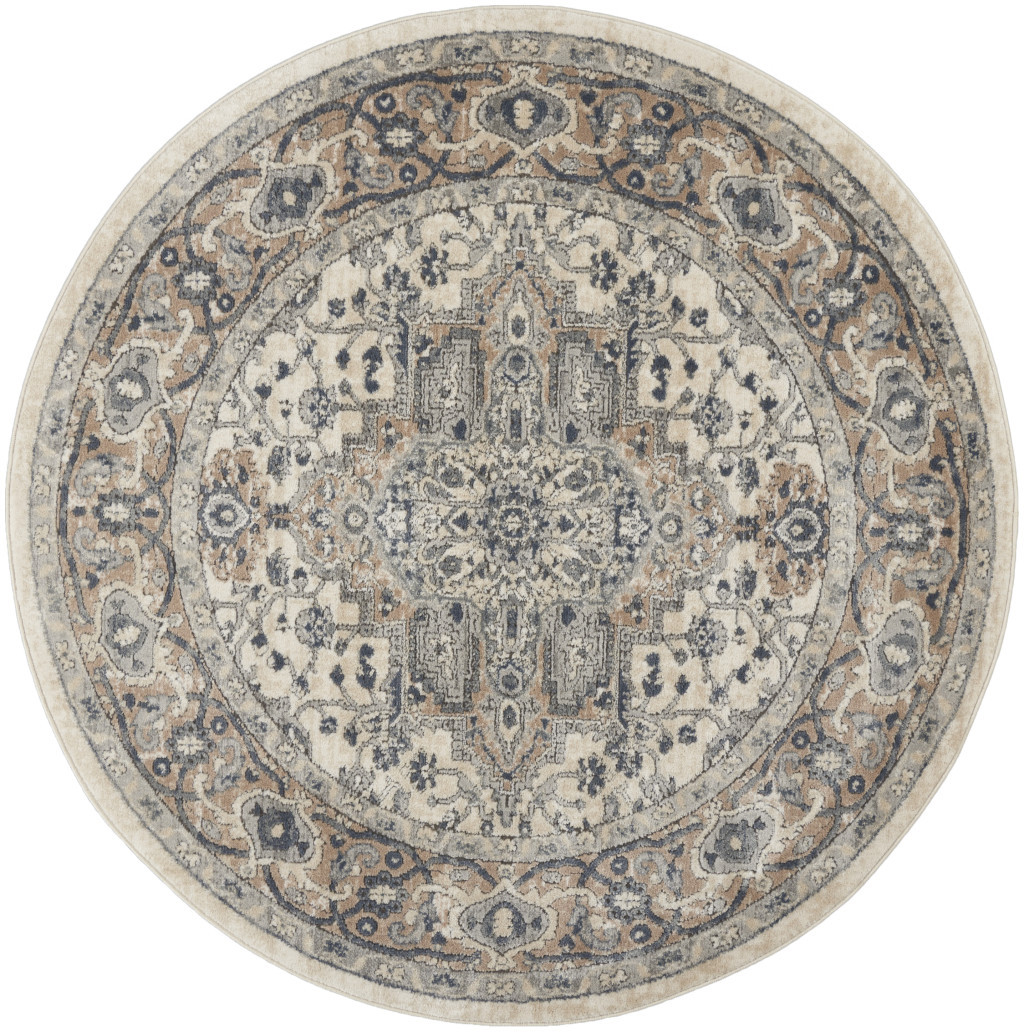 5" X 5" Ivory And Grey Round Oriental Non Skid Area Rug