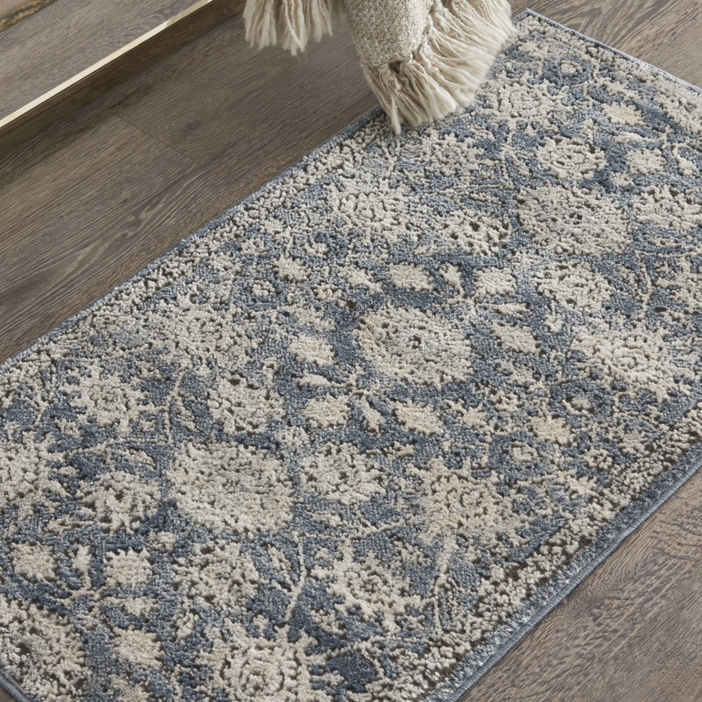 2" X 4" Blue And Beige Oriental Non Skid Area Rug
