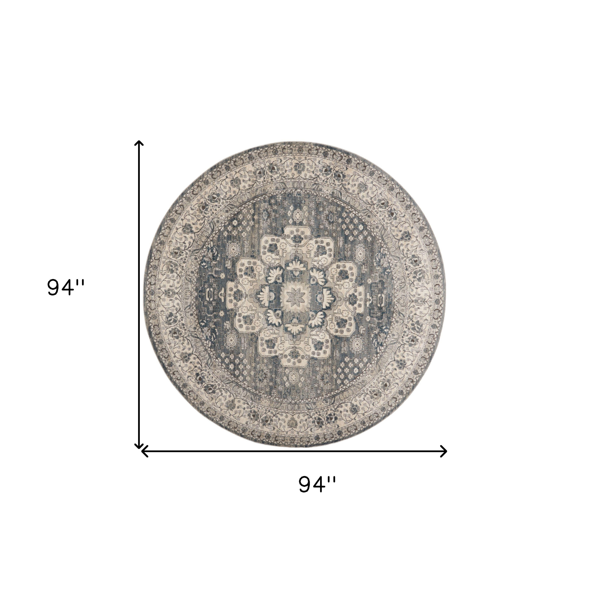 8" Grey And Ivory Round Oriental Power Loom Non Skid Area Rug