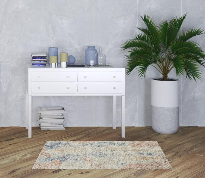 3" X 5" Ivory Abstract Power Loom Distressed Non Skid Area Rug