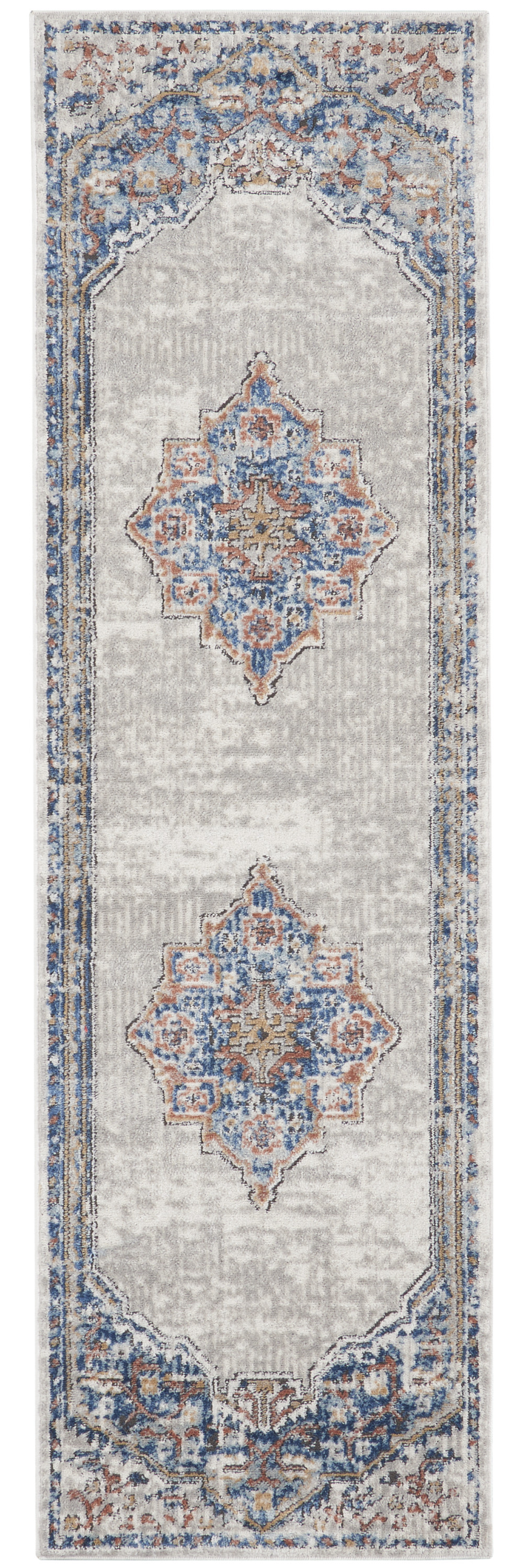 2" X 8" Blue And Grey Oriental Power Loom Non Skid Runner Rug