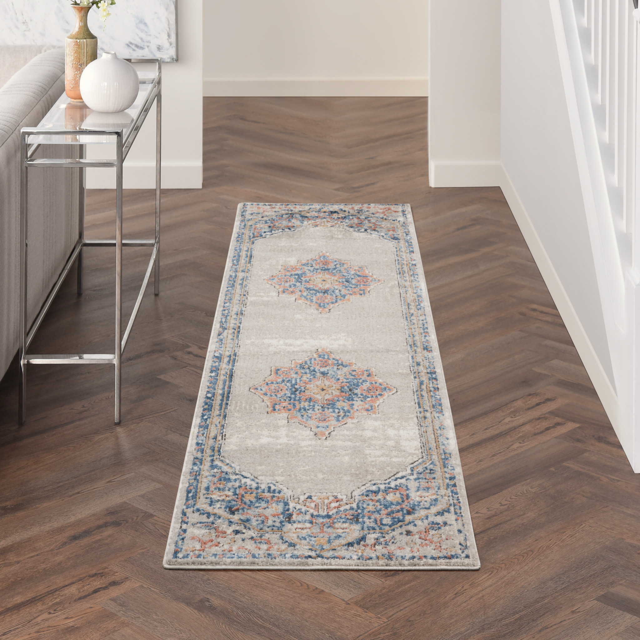 2" X 8" Blue And Grey Oriental Power Loom Non Skid Runner Rug