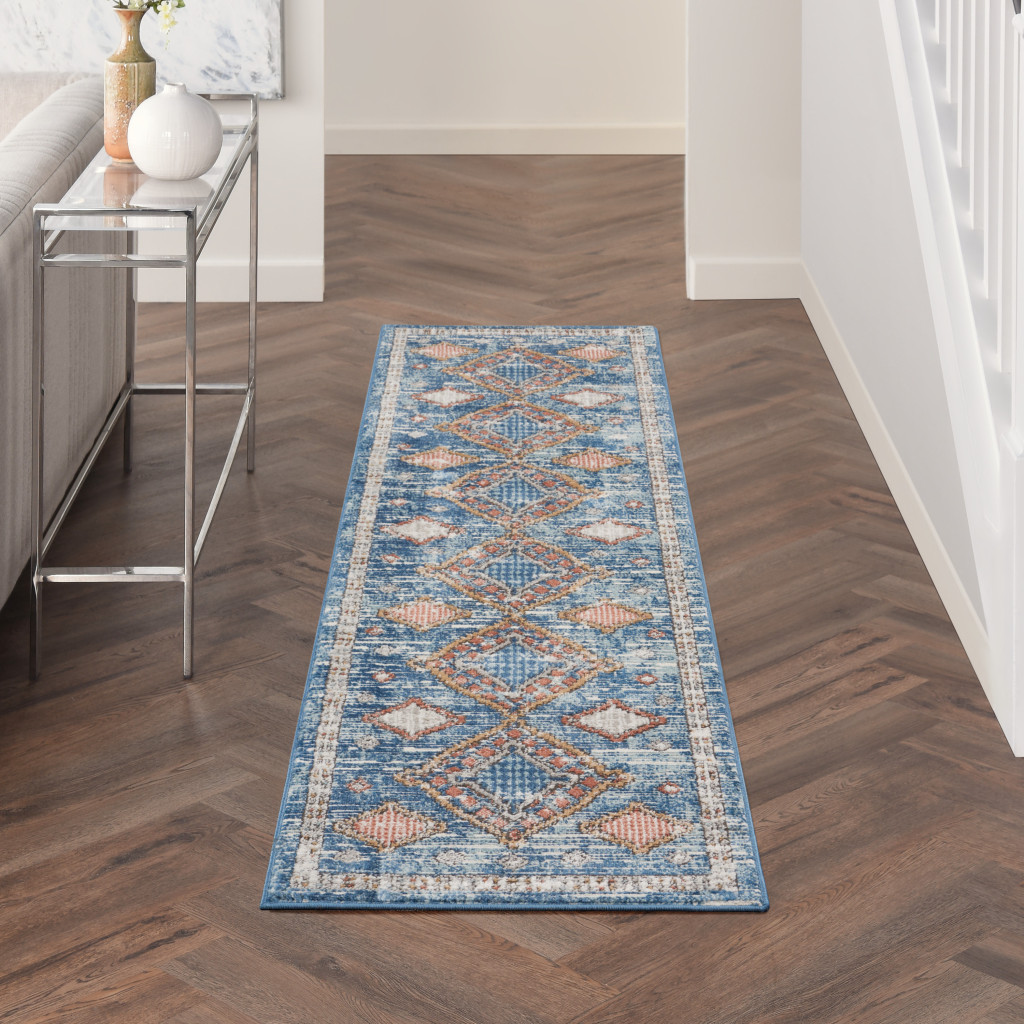 2" X 8" Blue Southwestern Power Loom Non Skid Runner Rug