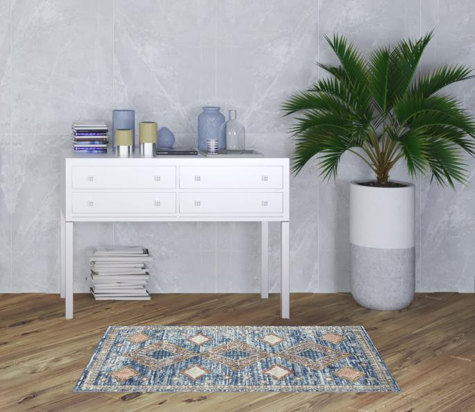 3" X 5" Blue Southwestern Power Loom Non Skid Area Rug