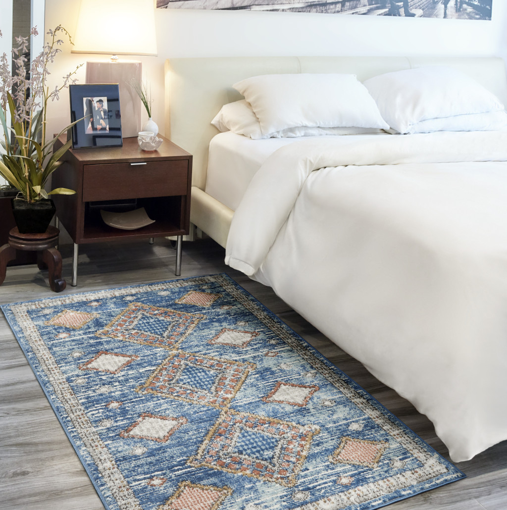3" X 5" Blue Southwestern Power Loom Non Skid Area Rug