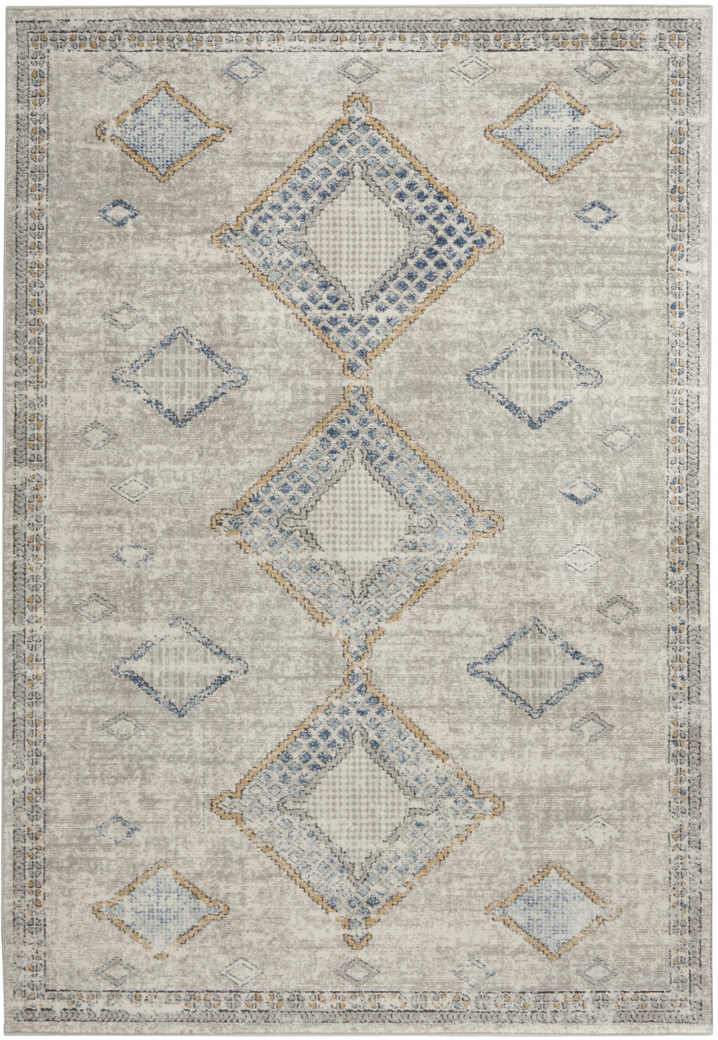 5 X 7 Ivory grey And Blue Southwestern Power Loom Non Skid Area Rug