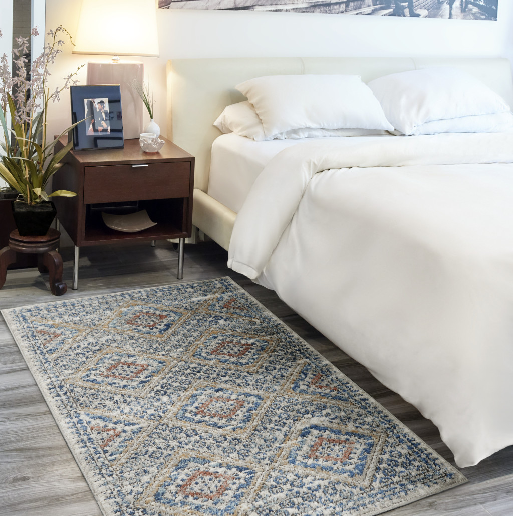 3" X 5" Blue And Ivory Southwestern Power Loom Non Skid Area Rug