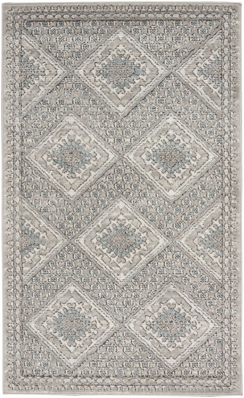 3" X 5" Grey Ivory And Blue Southwestern Power Loom Non Skid Area Rug