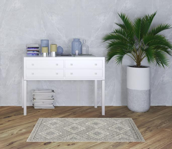 3" X 5" Grey Ivory And Blue Southwestern Power Loom Non Skid Area Rug