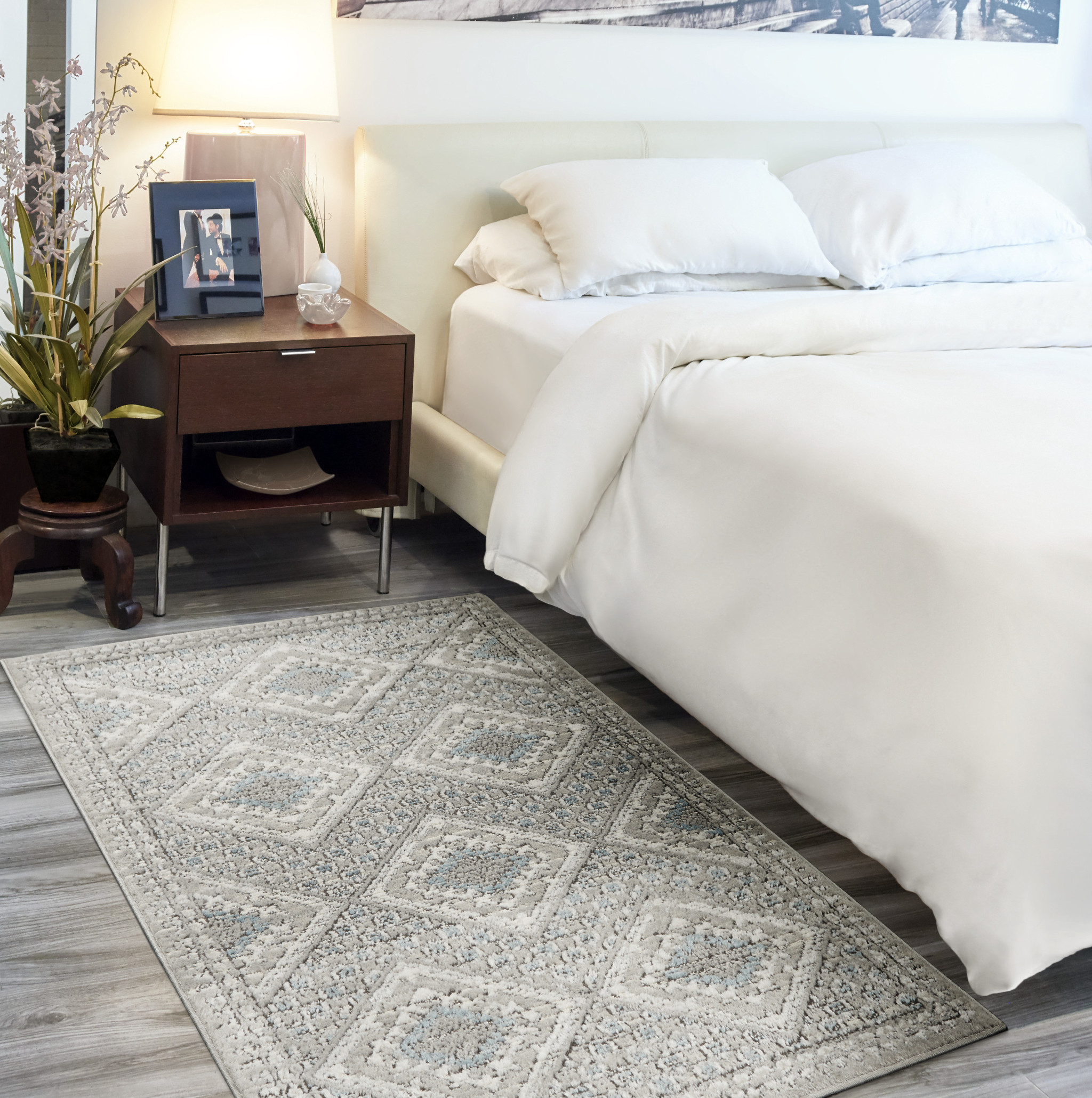 3" X 5" Grey Ivory And Blue Southwestern Power Loom Non Skid Area Rug