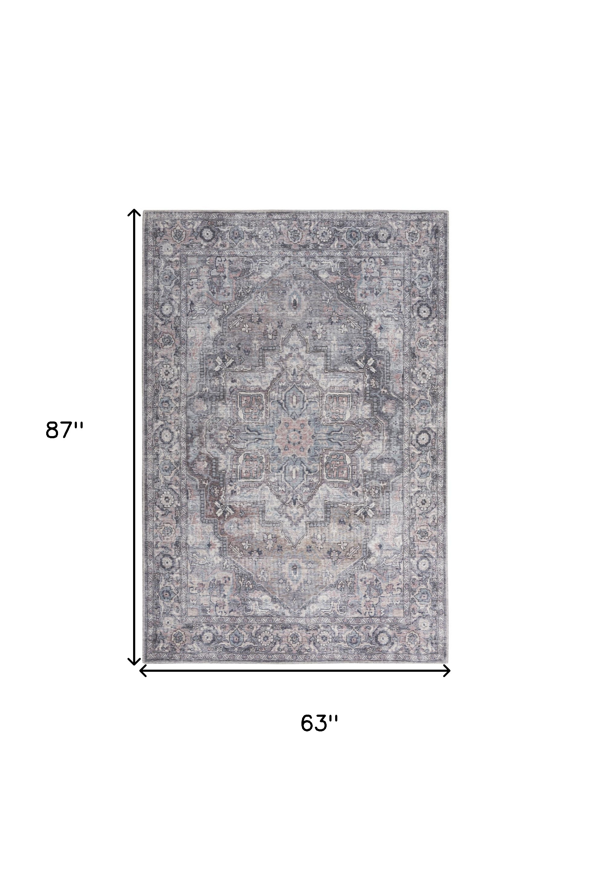 5" X 7" Grey Oriental Power Loom Distressed Washable Area Rug